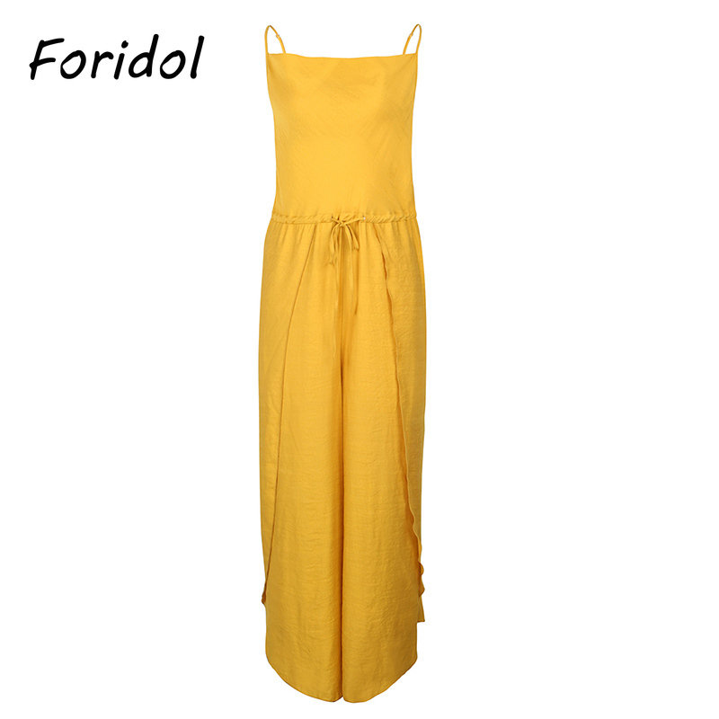 Foridol Drapped Neck Strap Wide Leg Loose Jumpsuits Romper Playsuits Women Summer Casual Beach Slit Yellow Cotton Overalls 210415