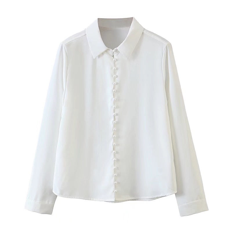 Retro Pearl Button Lapel Shirt French White color Single-breasted Long sleeve Women Blouse Casual Tops 210429