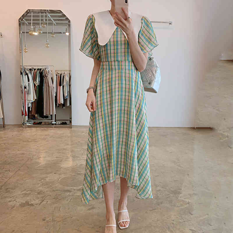 SHENGPLLAE Sweet Plaid Dress Women's Summer Peter Pan Collor Contrast Waist Irregular Flying Sleeve Mid-calf Dresses 210427