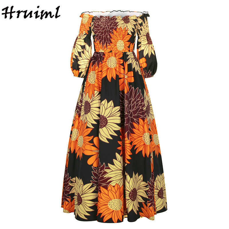 African Dresses for Women Fashion Floral Print Slash Neck Three Quarter Sleeve Maxi High Waist Vintage Long Autumn 210623