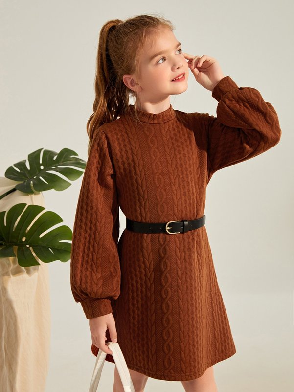 Girls Cable Knit Mock Neck Lantern Sleeve Dress Without Belt SHE