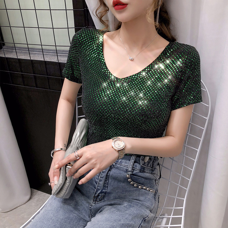 Fall Summer European Clothes T-Shirt Fashion Shiny Sequins Women Tops Short Sleeve Bottoming Shirt Girl Tees New T06405 210406