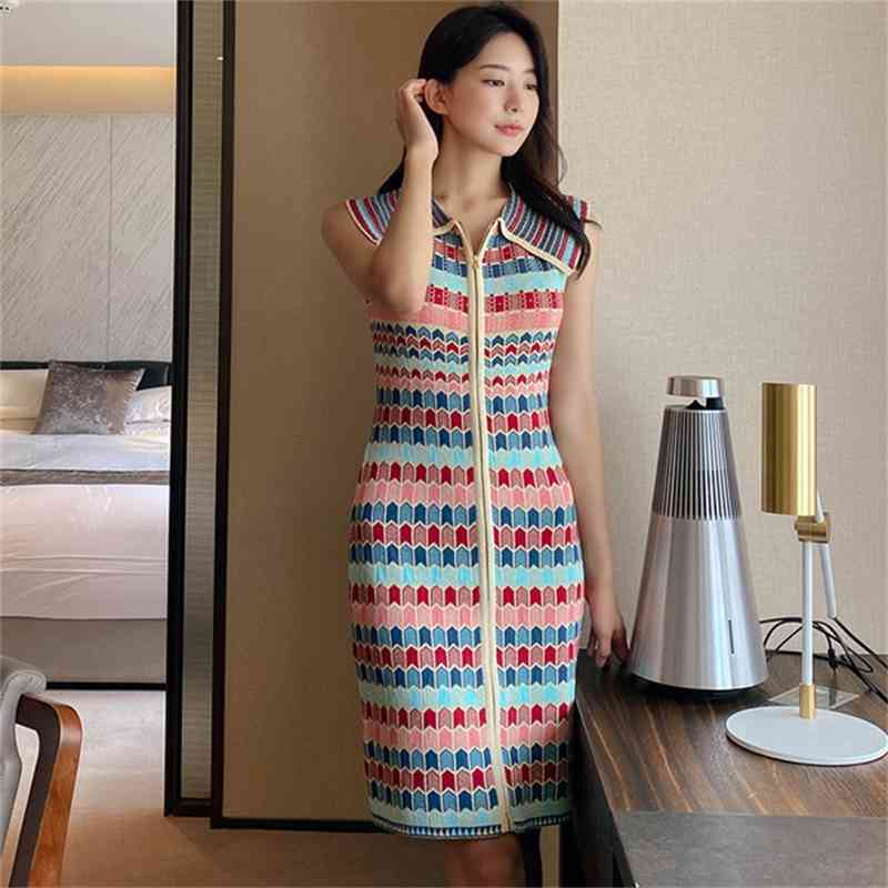 Vintage Summer Fashion Plaid Knitted Dress Women Sleeveless Lapel Collar Casual Zipper Slim Mini Female Vestidos 210519