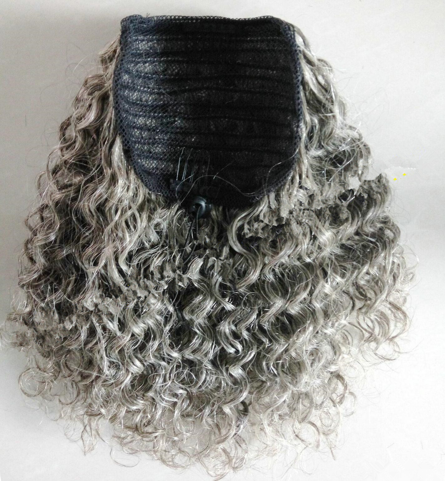 Salt and pepper authetic gray ponytail hairstyle for black women new natural silver grey pony tail puff hairpiece drawstring clip ins 120g