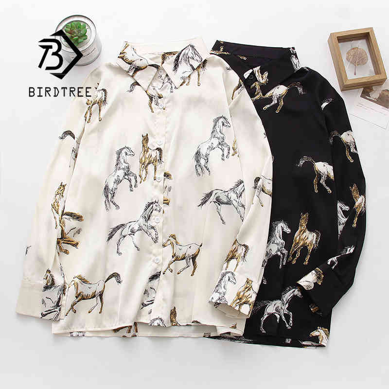 New Women Vintage Animal Horse Print Satin Blouse Full Sleeve Button Up Turn Down Collar Shirt Casual Office Lady Autumn Tops T1 210430