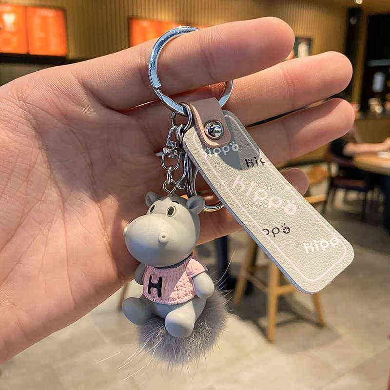 Fashion Cartoon Hippo Keychain Cute Three-dimensional Striped Keychain Fun Phone Bag Car Pendant Key ring H1126