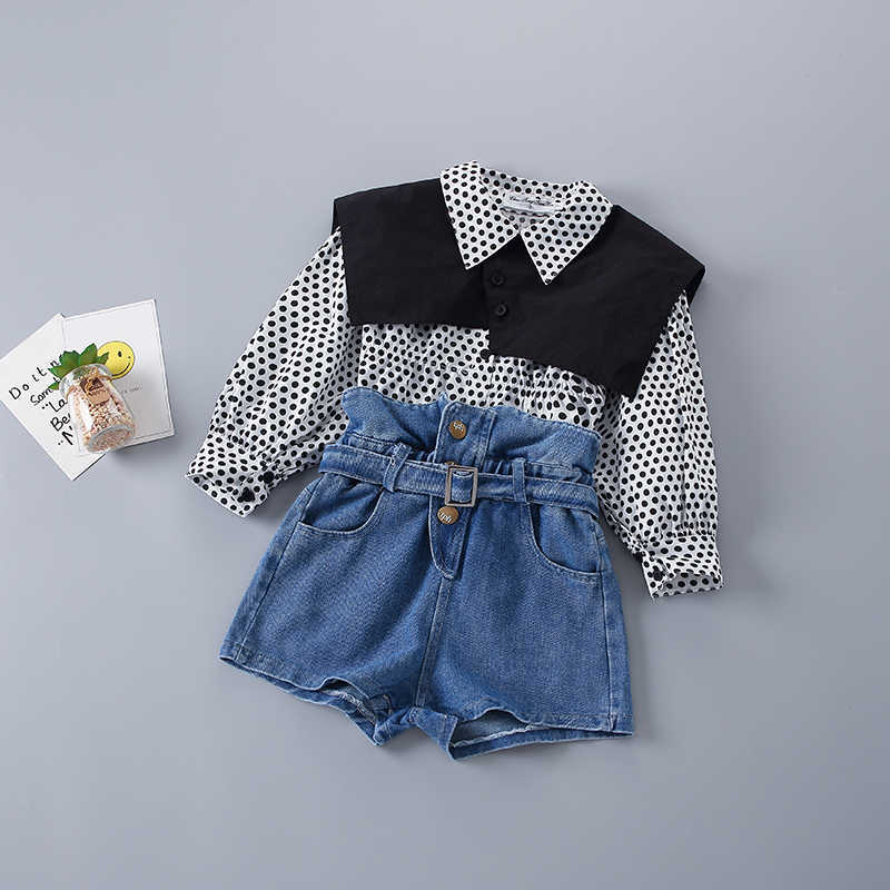 2-7 Years High Quality Spring Girl Clothing Set Fashion Casual Dot Shirt + short Jeans Kid Children Girls 210615