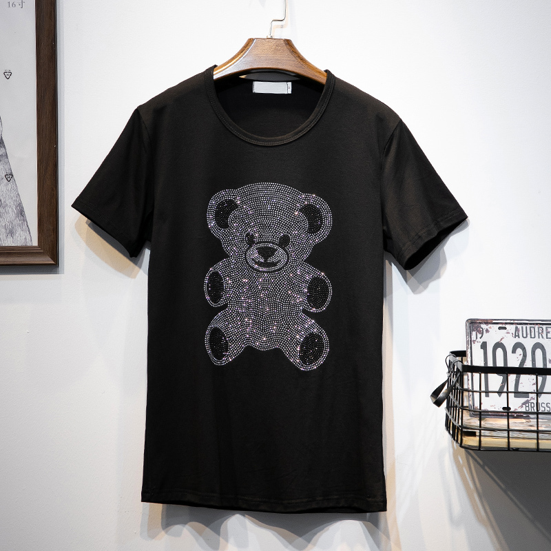 Summer Korean of the Shortsleeved tshirt female loose fashion with diamonds cotton black Plus Size women tops 210406