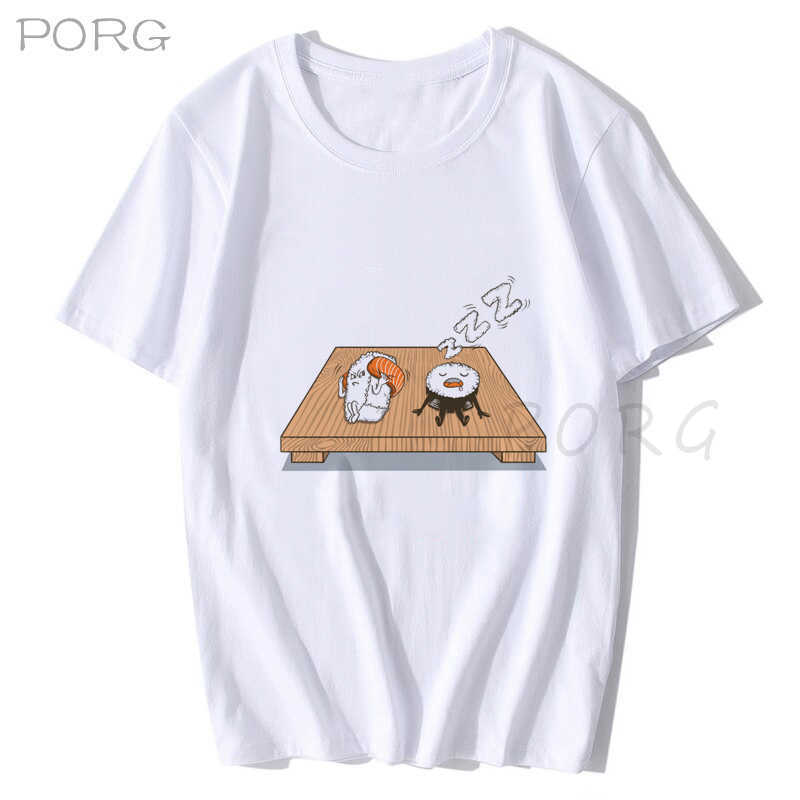 Kawaii Sushi Japanese Style Men/women Tshirt Print Harajuku Cartoon Printed T-shirt Streetwear 100% Cotton Oversized T Shirt 210629