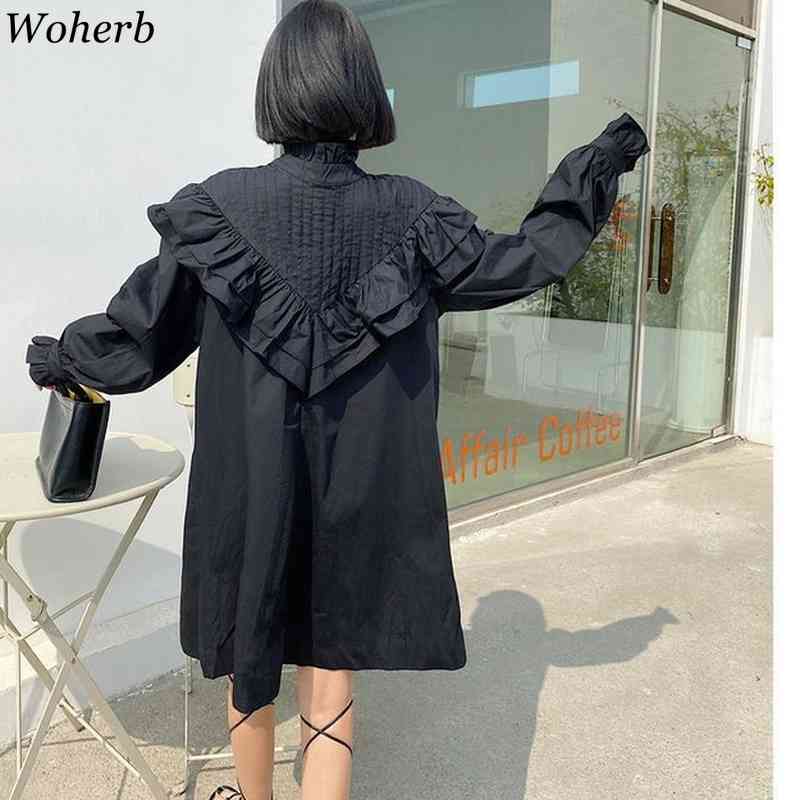 Korean Office Lady Vintage Elegant Women Long Sleeve Dress Fashion Ruffle Loose Summer Solid Dresses Female Vestidos 210519