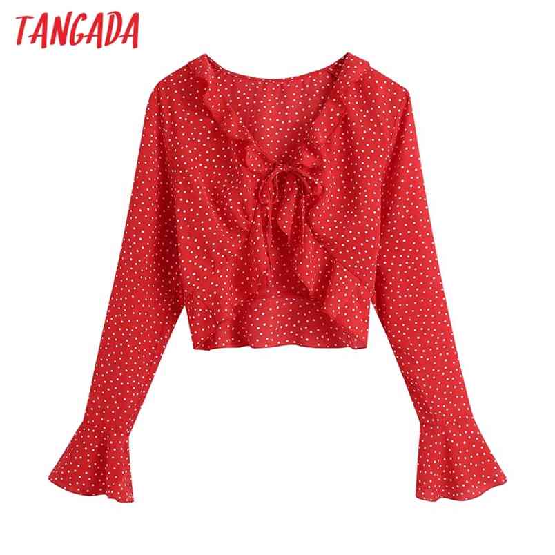 Women Retro Red Dots Print Crop Long Sleeve Chic Female Sexy Slim Shirt Tops BE432 210416