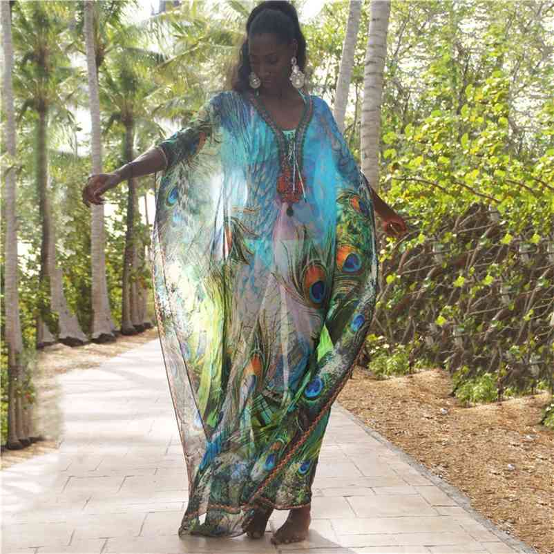 Chiffon Long Beach Cover up Women Dresses Robe de Plage Vestidos Playa Bikini cover Pareos Mujer Beachwear #Q1041 210420