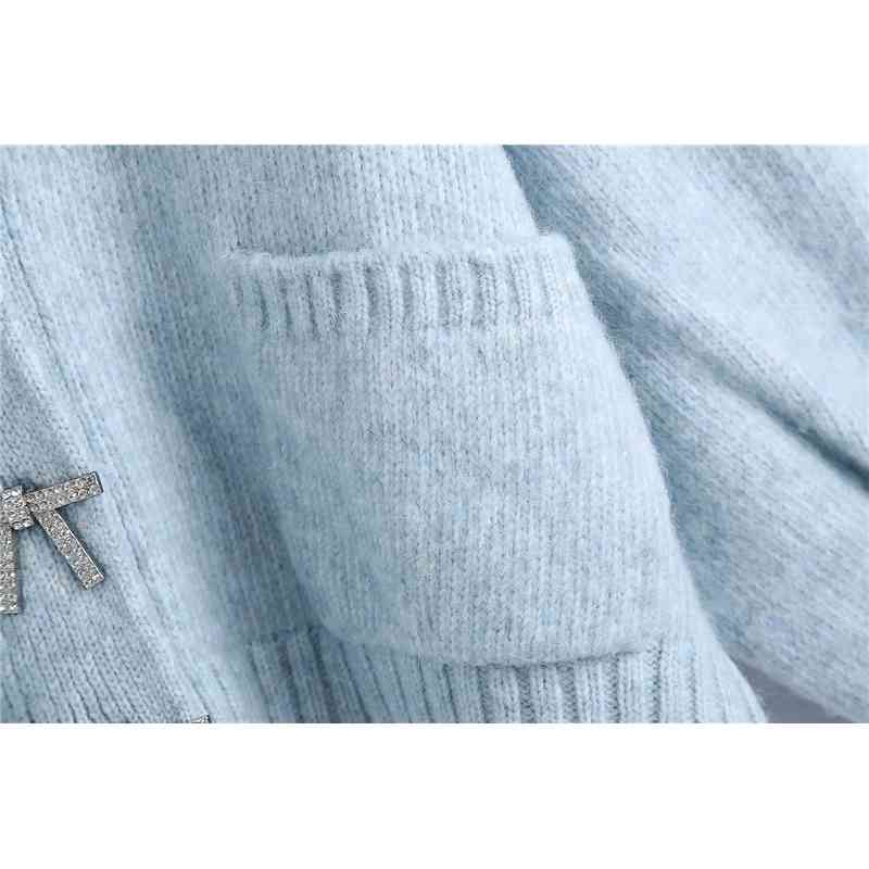 Sweet Women Sky Blue Sweater Fashion Ladies Diamonds Button Coats Elegant Female Chic Knitted Puff Sleeve Cardigan 210527