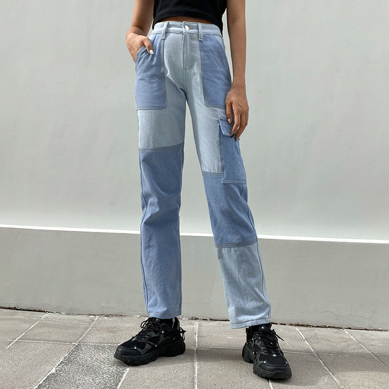 Patchwork Straight Leg Jeans Woman High Waist Denim Trousers Sexy Color Block Vintage Blue Brown Streetwear Pants 210524