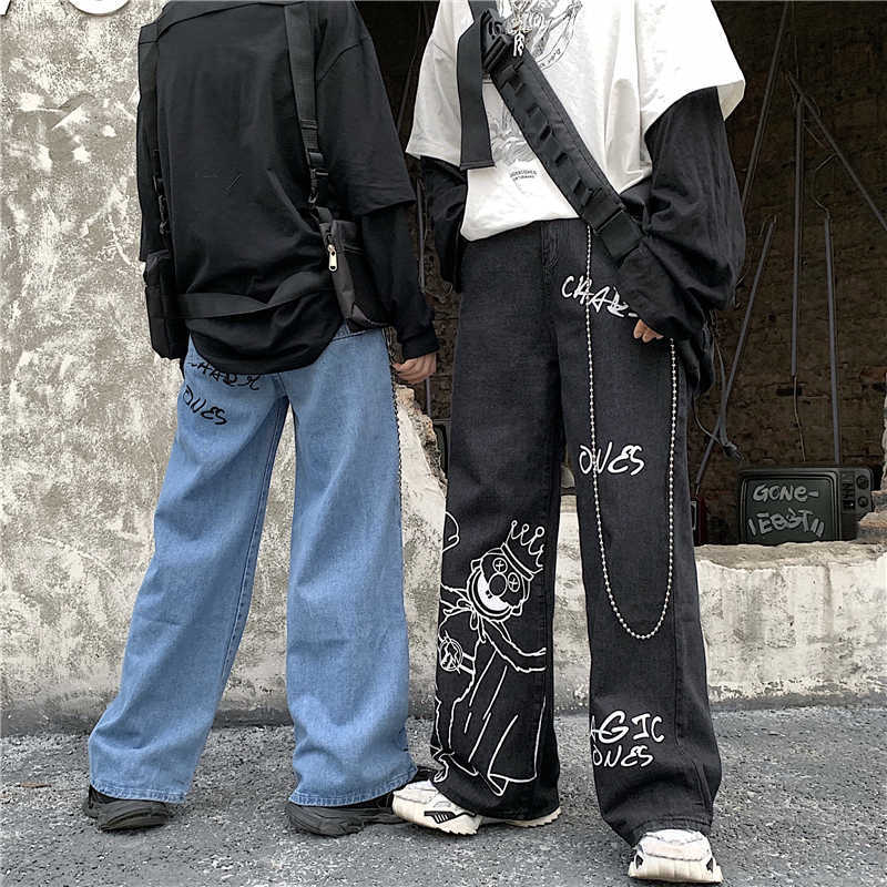 SHENGPALAE Summer Casual Jeans Woman Long Trousers Cowboy Female Loose Streetwear Cartoon Print Wide Leg Pants ZA4911 210809
