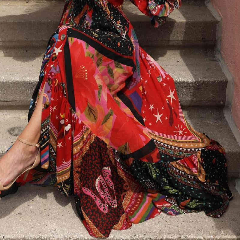 Women Dress V Neck Puff Sleeve Printed Bohemia Sexy Long Floral Maxi es Plus Size Loose Beach es 210513