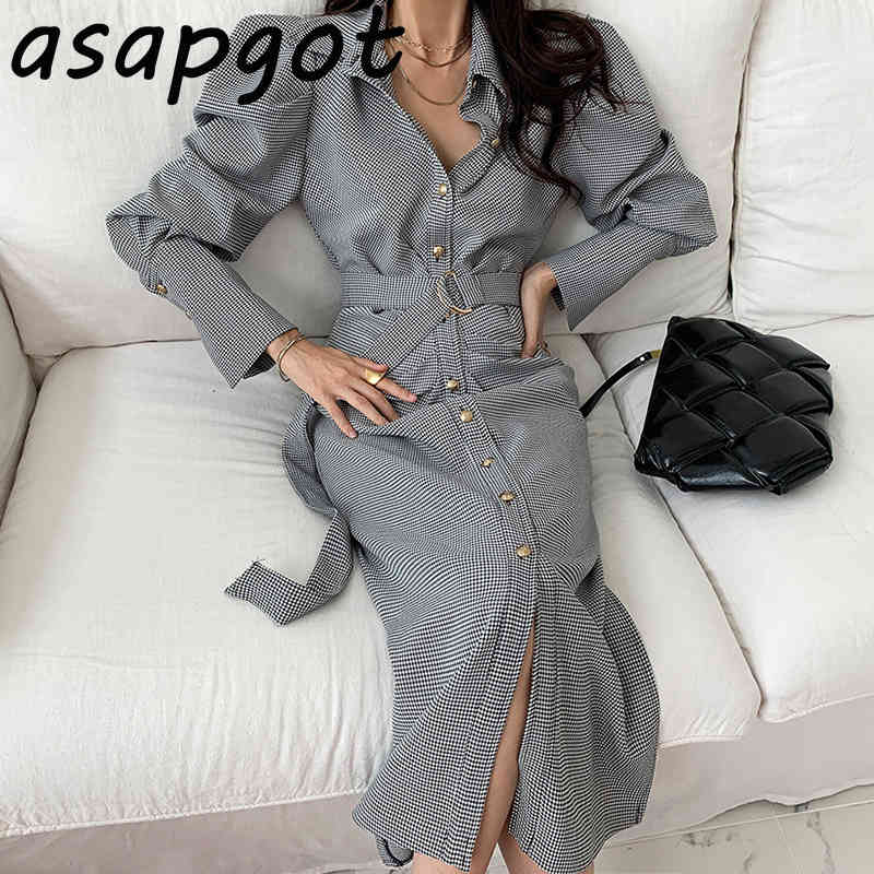 Chic Korean Temperament Office Lady Puff Long Sleeve Lapel Single Breasted Plaid Dress Women with Belt Pleated Retro Autumn 210429