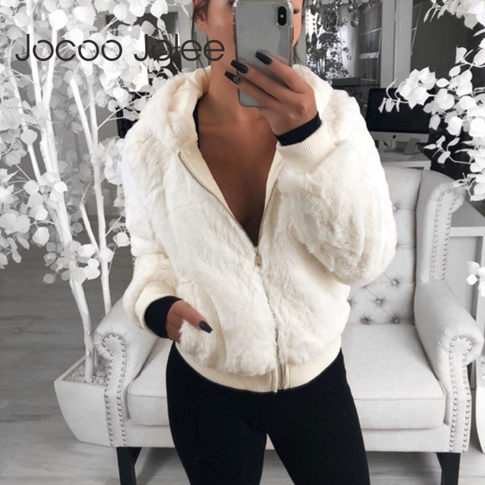 Faux Fur Coat Winter Hooded Cropped s and Jackets Teddy Fluffy Fleece Warm Outwear Clothing 210428