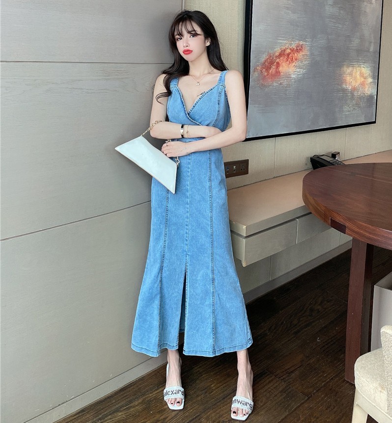 Denim Solid Dress Women Summer Korean Sexy V-Neck Spaghetti Strap Elegant High Waist Bodycon Slim Long Dresses Vestidos 210519