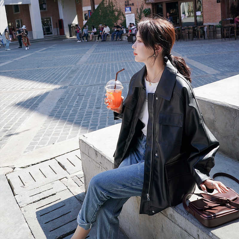 LY VAREY LIN Spring Women Faux Leather Jackets Elegant Tie Belt Waist Pockets Buttons Coats Motor Biker 210526