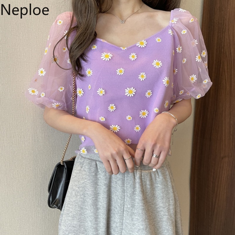 Neploe Korean Fashion Shirt Sweet Chic Gauze Patchwork Knit Short Sleeve T Shirts Women Summer Loose Square Collar Pullover Tops 210422
