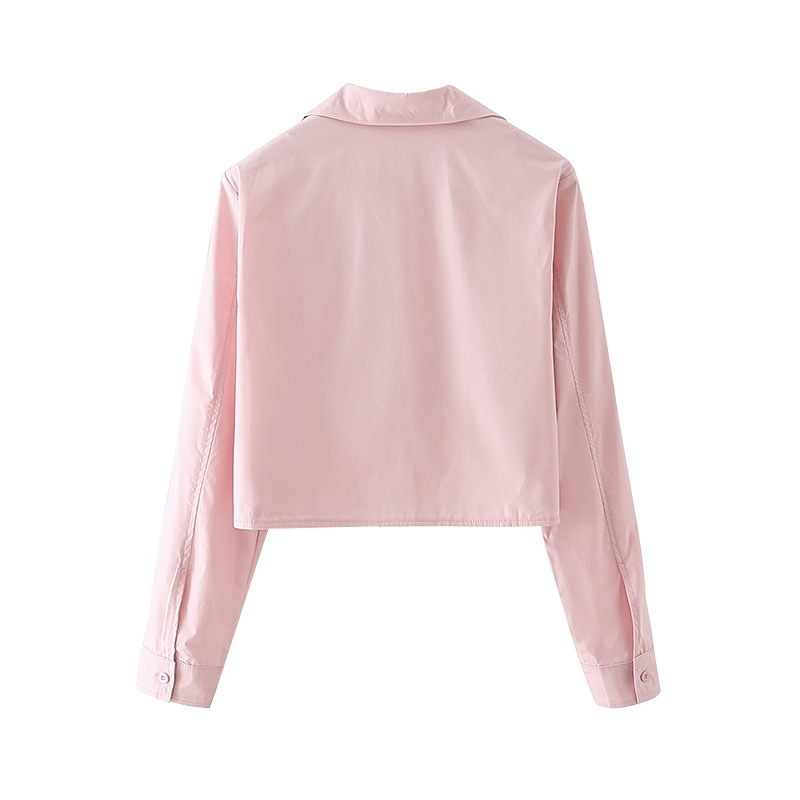 Elegant Women Solid Pink Shirts Fashion Ladies Turn Down Collar Streetwear Female Chic Pocket Short Blouses 210430