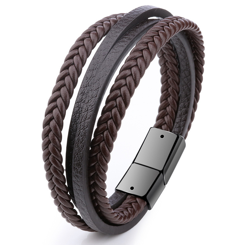 Vintage Men's Style Woven Black Brown Leather Cuff Magnetic Snap Bracelet for Gift