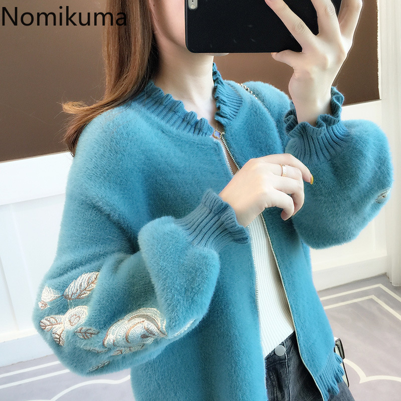 Nomikuma Faux Mink Cashmere Cardigan Sweater Women Autumn Winter Knitted Coat Floral Embroidery Long Sleeve Cardigan 6B929 210427