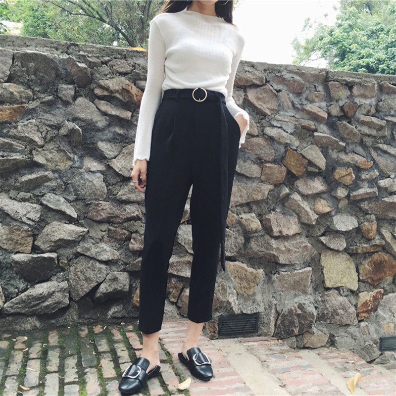 OL Elegant High Waist Harem Pants Women Spring Autumn Solid Work Casual Loose Suit Female Black Trousers 210421