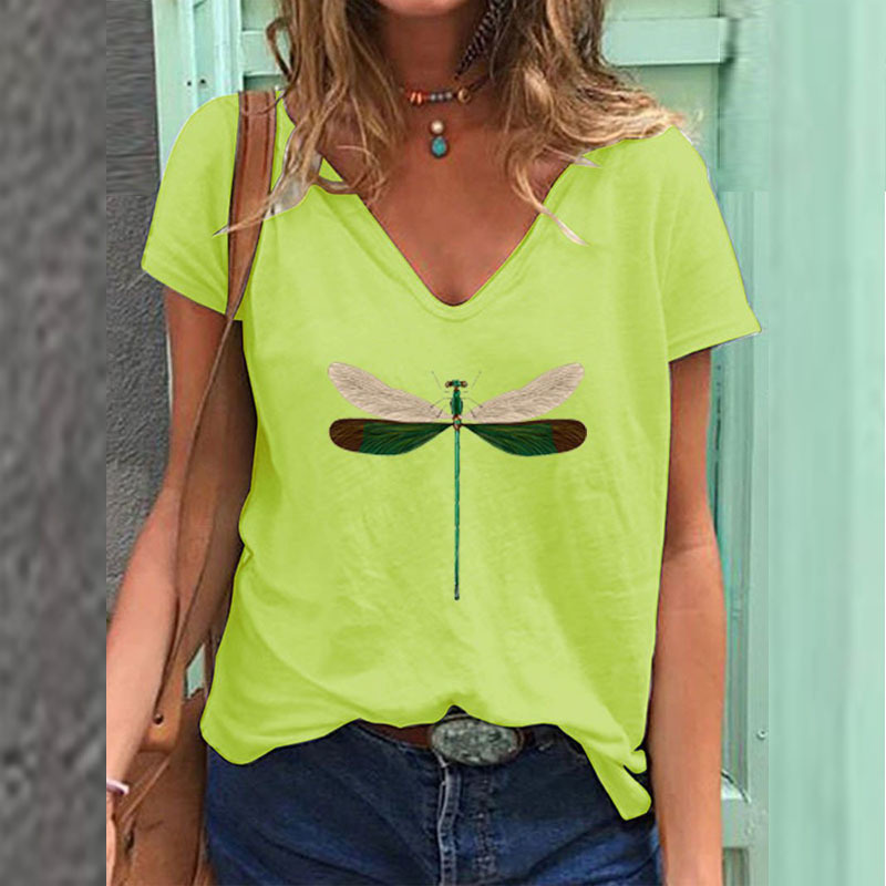 Women's Summer Fashion Printed Dragonfly V Neck T Shirt Female Plus Size Loose Short Sleeve Tops S-3X 210406