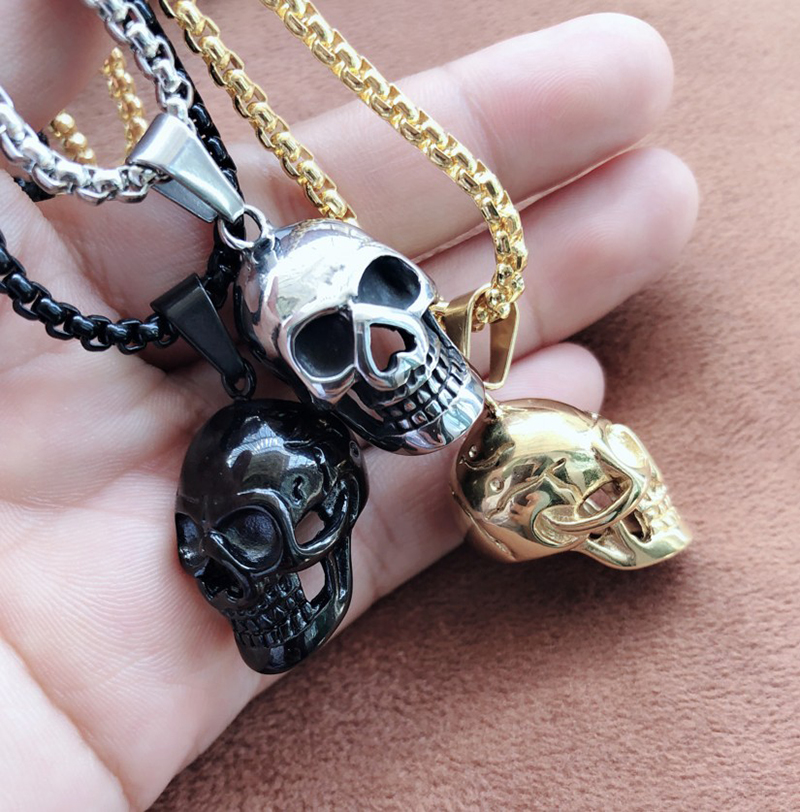 Fashion Punk Goth Stainless Steel Necklace Skull Head Pendant For Men Accessories Gothic Jewelry With 3MM Chain