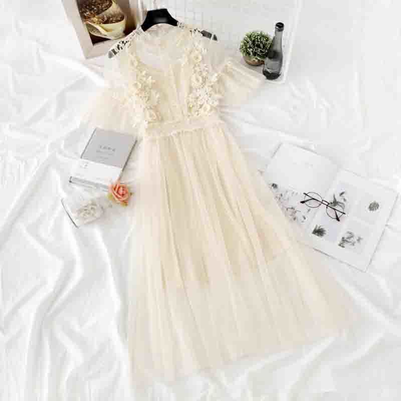 Lotus Leaf Collar Short Sleeve Party Dresses Summer Sweet Mesh Patchwork Lace Dress Two Pieces Women Long Dress Vestidos 210521