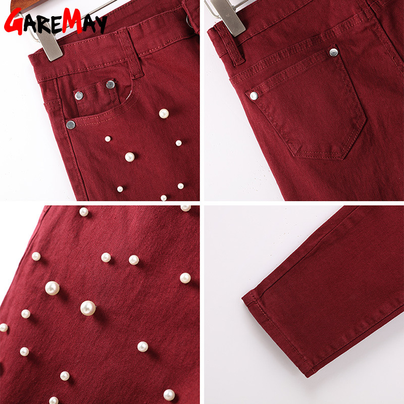 Beaded Pearl Female Jeans Woman Ankle Length Stretch Push Up With Beads Skinny Denim Pants Vaqueros Mujer 210428
