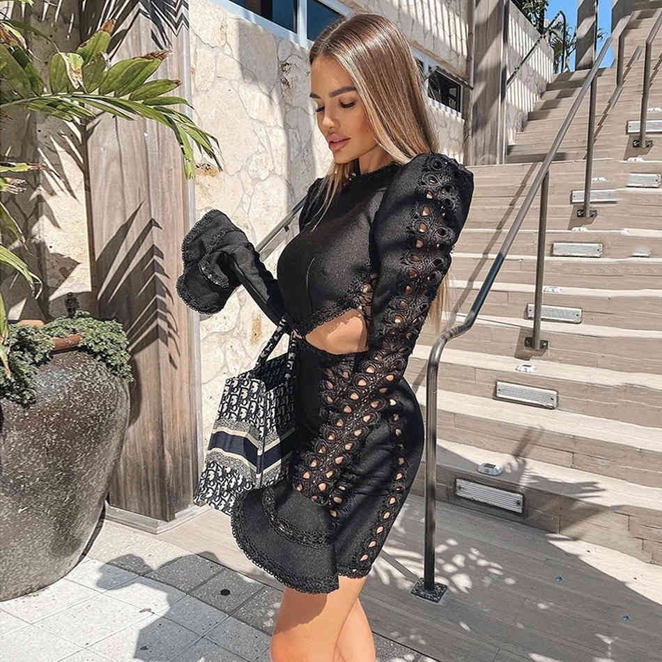 Free Chic Hollow Bandage Dress Women's Sexy Embroidered Horn Long Sleeve Bodycon Club Party Mini Vestido 210524