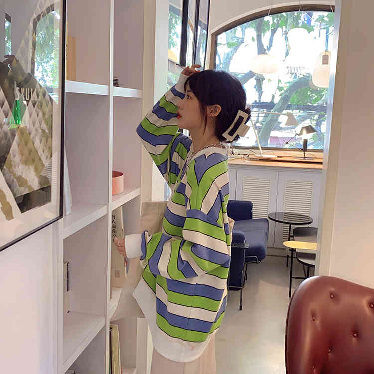 autumn korean style color patchwork Women Sweatshirts Long Sleeve stripe loose thin Sweatshirt Womens pullovers (F4101) 210423