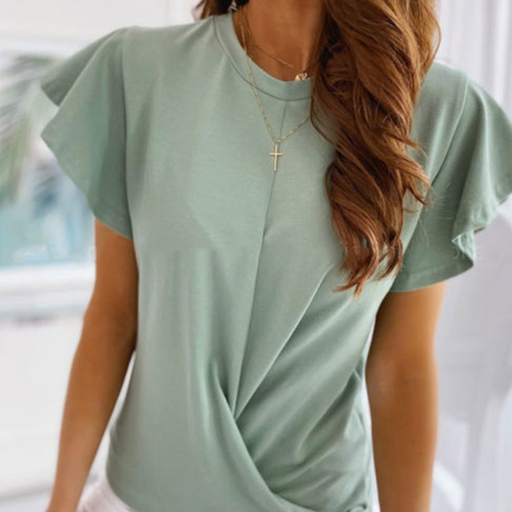 Women Summer Pleated Casual Elegant Solid O Neck Flare Short Sleeve Basic T-Shirt Loose Office Lady Tops 210428