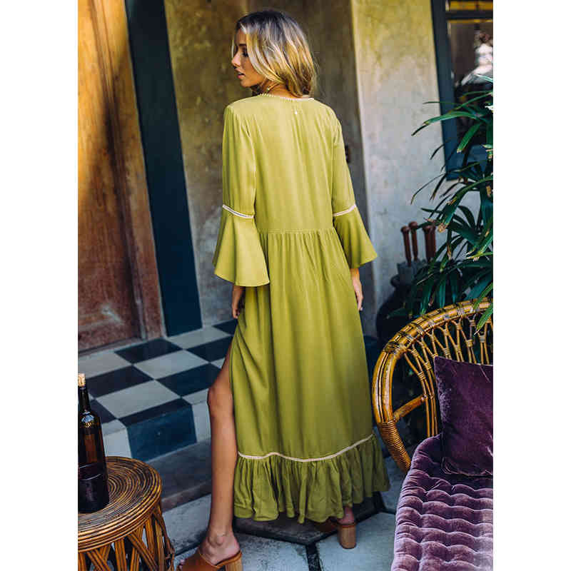 Spring Green Boho Cotton Bikini Cover-ups Sexy Deep V-neck Tassel Summer Dress Women Beach Wear Swim Suit Cover Up A510 210420