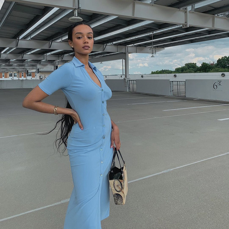 Women's summer casual Dress short-sleeved A-Line dress pure color single-breasted slim Mid-Calf clothing women 210508