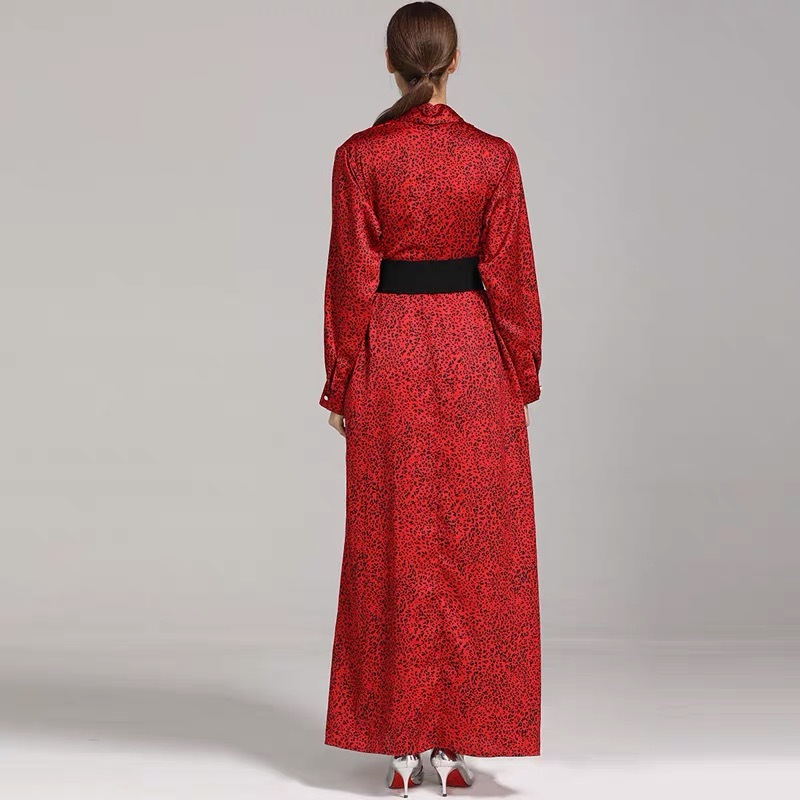 Spring Summer Women Dress Red Maxi Leopard Long V-neck Full Sleeve Vestido Verano Style Runway Party Belt 210421