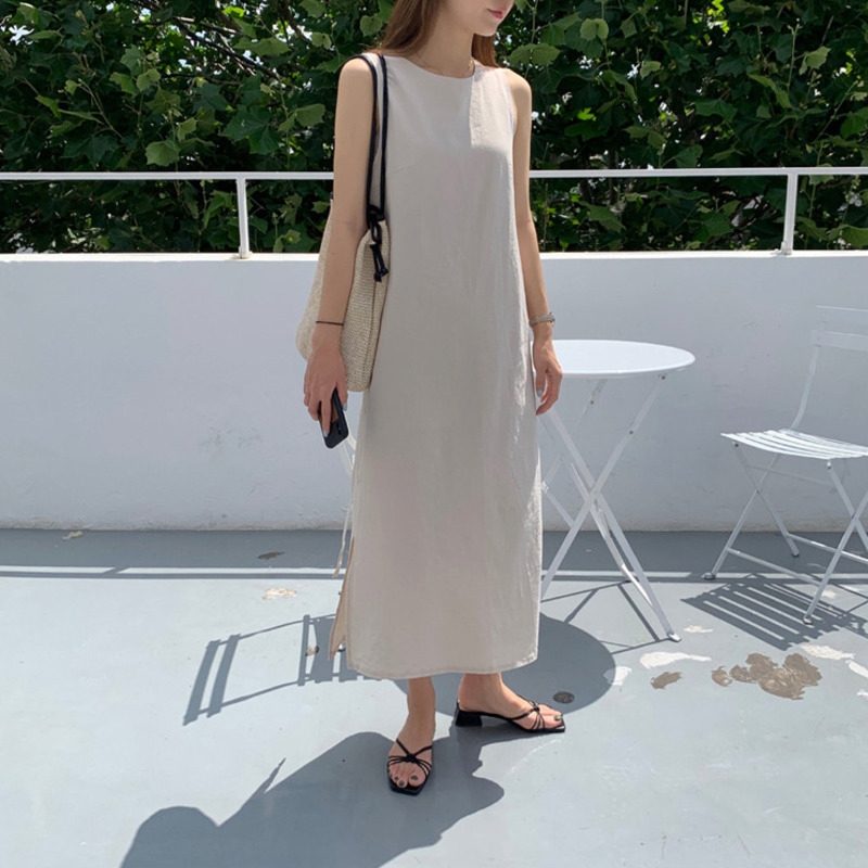 Casual Midi Dress Cotton Hemp Sleeveless Vest Belt Temperament Loose Fashion Summer Women's High Waist 210526