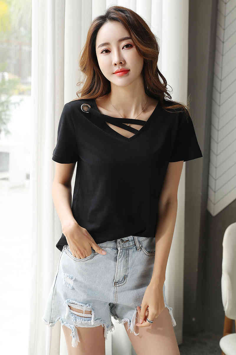 fashion women t shirt summer v collar cotton female short sleeve s white T- s clothing 2573 50 210427