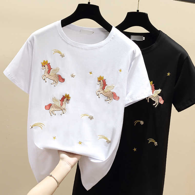 Embroidery Short Sleeve Korean T shirt Women Clothes Cotton Casual White Female T-Shirt Summer Tops Tee Shirt 210604
Embroidery Short Sleeve Korean T shirt Women Clothes Cotton Casual White Female T-Shirt Summer Tops Tee Shirt 210604