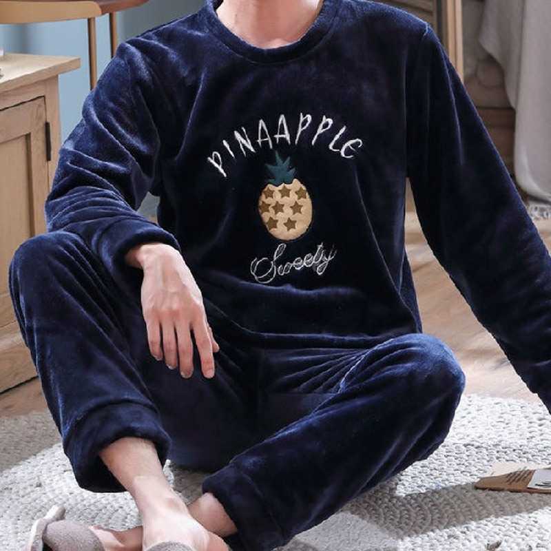 Winter Warm Pyjamas Men's Pajamas Flannel Pijama Suit Cartoon Comfortable Aunt's Home Service Sleepwear Two-piece Suit pajamas 211019