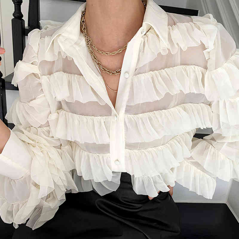Long Sleeve Tops Loose Heavy Work Cupcake Ol Shirt Spring Korean Ruffles Blouse Women Turn Down Collar Feminino Blusas 13336 210508