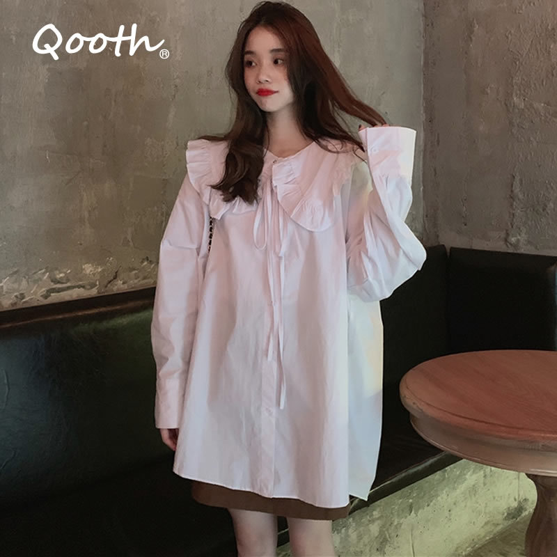 Qooth Spring Doll Collar Retro White Shirt Long-Sleeved Fashion Female Design Causal Single-Breasted Top QT507 210518
Qooth Spring Doll Collar Retro White Shirt Long-Sleeved Fashion Female Design Causal Single-Breasted Top QT507 210518