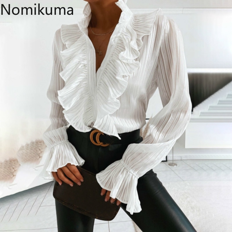 Nomikuma Ruffle Patchwork Elegant Women Blouse Causal Flare Long Sleeve Stand Neck Blusas Femme New Korean Shirt 6E264 210427