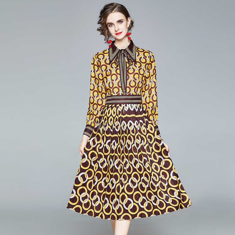 Fashion Elegant Yellow Women Shirt Dress Autumn Slim Female Vintage Long Sleeve Turn-Down Collar Print Party Dresses Vestidos 210525