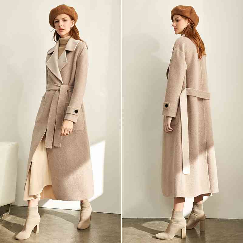 Winter Double Woolen Coat Fashion Women Solid Lapel Pockets with Belt Loose Elegant Female 11940636 210527