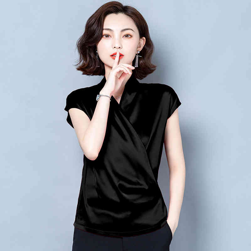 Summer Elastic Satin Top Fashion V-neck Loose Shirt Women's Short-Sleeved Plus Size Solid Women Blouse 9852 210415