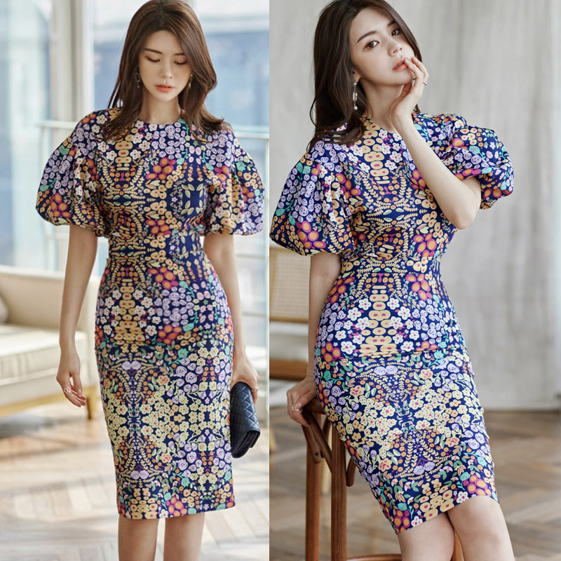 Summer Women Skirt Set Fashion Print Lantern Sleeve Shirt Tops + High Waist Pencil Skirts Suit 210506